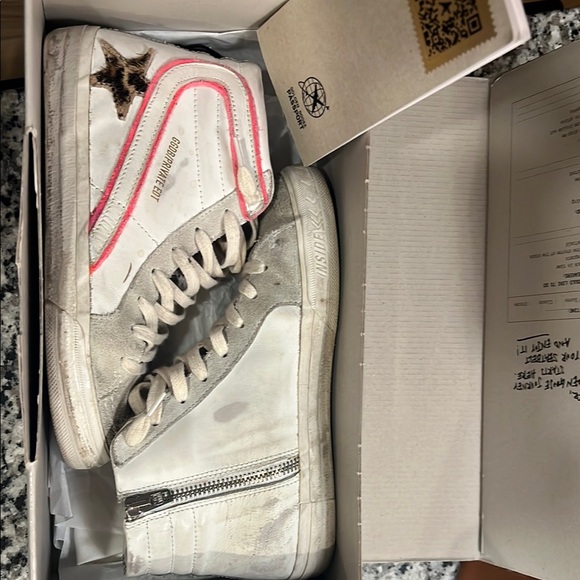 Golden Goose Shoes - Golden Goose White and Pink Vintage High-Top Sneakers